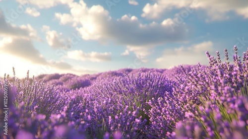  Purple flower field beneath blue sky, sun at center, cloudy backdrop