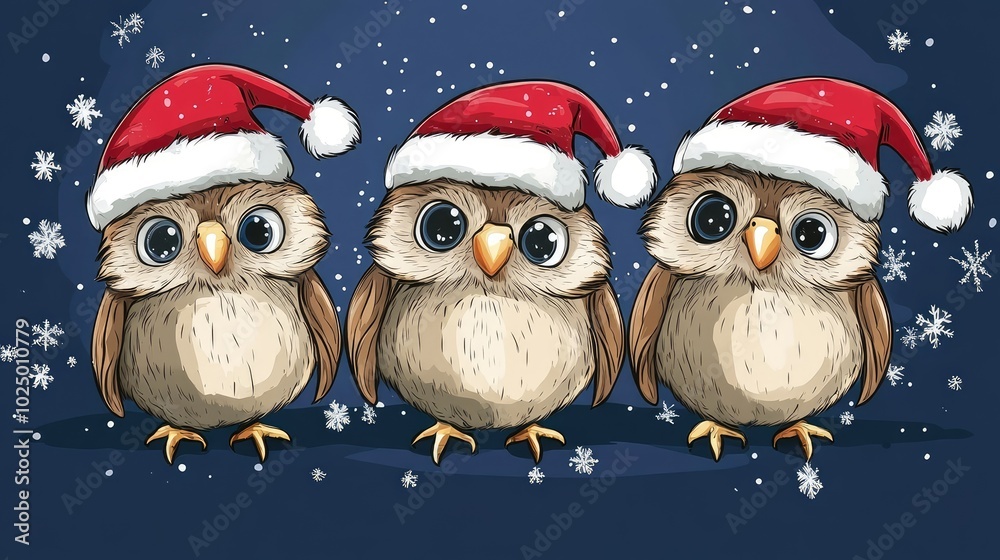 Cartoon Christmas owls in Santa caps. AI generated illustration.