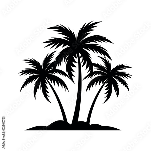 Palm Tree Silhouette Vector Illustration on Small Island Isolated on White Background