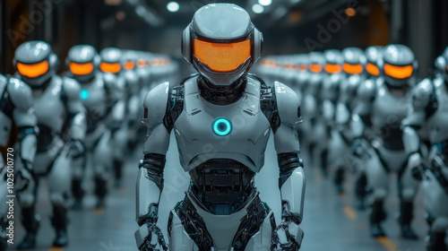 Wallpaper Mural Futuristic white robot army with orange visors standing in an industrial setting, advanced AI technology, sci-fi design, robotic soldiers, cybernetic concept, futuristic tech Torontodigital.ca