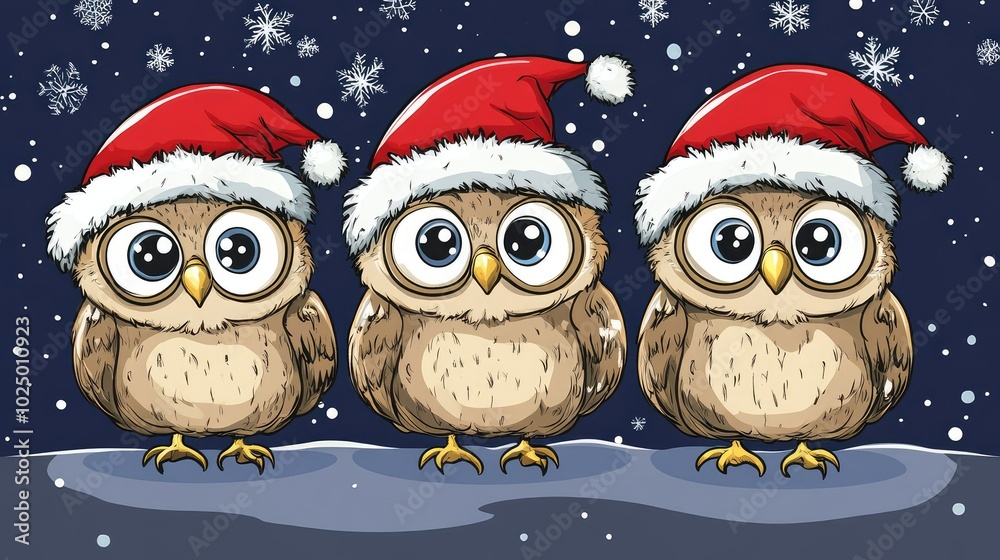 Obraz premium Cartoon Christmas owls in Santa caps. AI generated illustration.
