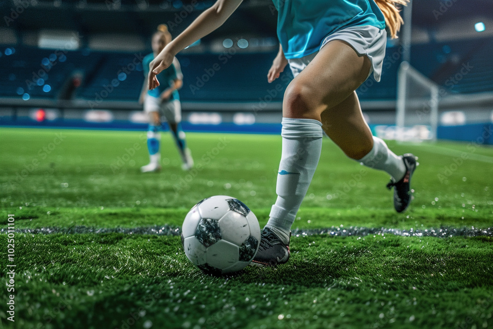 Fototapeta premium Young soccer player feet running after the ball on green grass. Running female soccer football player. Female girl woman footballer kicking football match game.