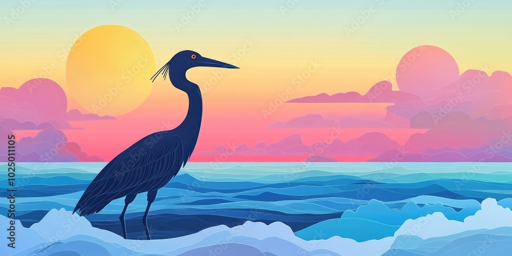 Dark heron perched by the ocean, Heron standing by the sea Dark heron perched by the ocean, Heron standing by the sea