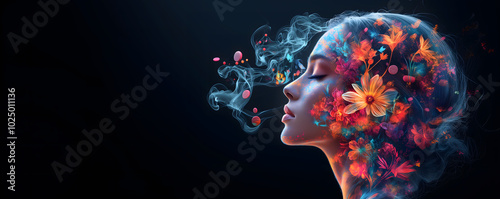 Human mind with flowers and butterflies growing from a tree, positive thinking, creative mind, self care and mental health concept, generative AI used for woman,Copy space