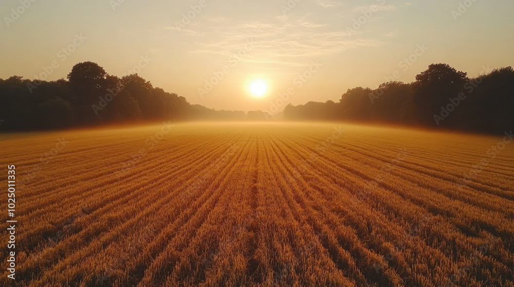 Fototapeta premium Serene Sunrise Over Countryside Farm Field Captured with DJI Mavic Air 2 Drone