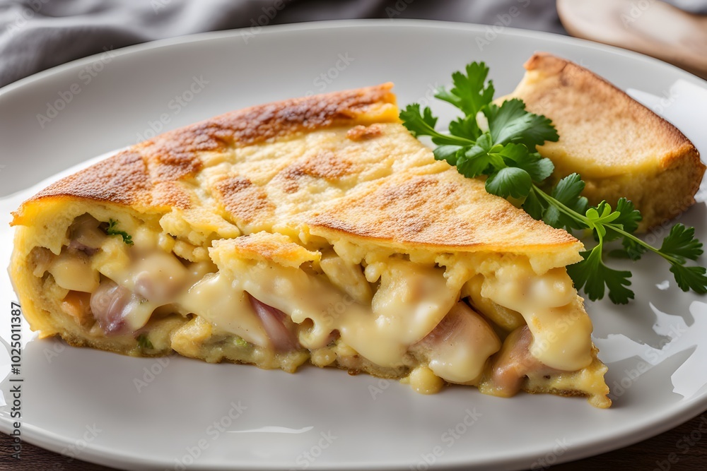 A slice of spanish tortilla a thick omelette made with eggs potatoes and onions, Ai Generated A slice of spanish tortilla a thick omelette made with eggs potatoes and onions, Ai Generated