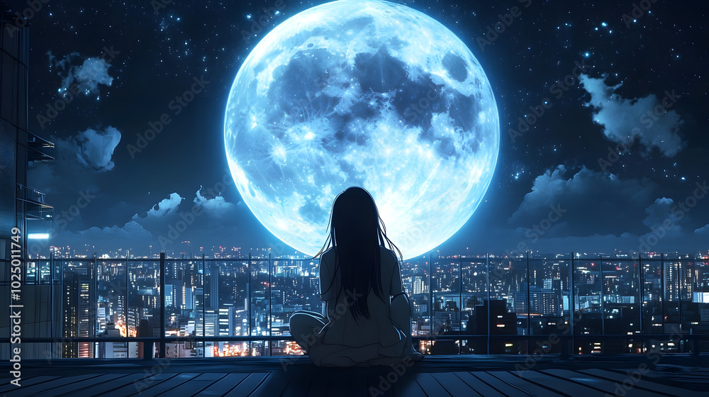 Fototapeta premium Lofi anime girl sitting alone on rooftop, looking at massive blue full moon, Tokyo city landscape with lights background. Peaceful quiet atmosphere 3d cartoon. Anime manga style cozy relax wallpaper.