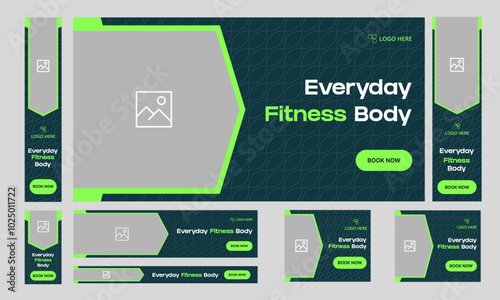 Creative fitness web bundle banner design for social media post, body fitness web standard banner design, daily wellness training web banner design, fully editable vector eps 10 file format