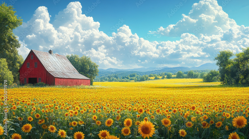 Red barn in sunflower field under bright blue sky, countryside landscape, rural setting, vibrant yellow flowers, scenic farm view, nature, peaceful summer atmosphere