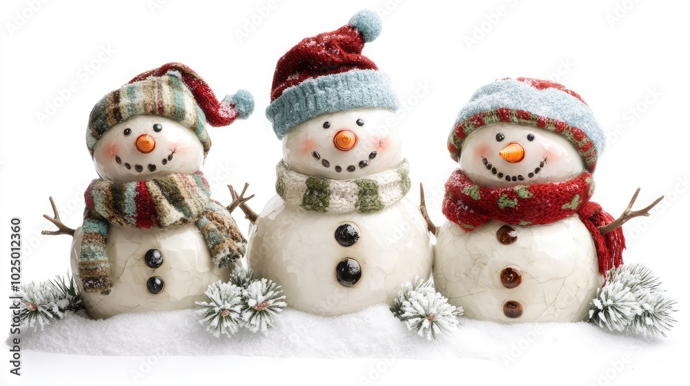 Snowman family in a snowy garden. AI generated illustration. Snowman family in a snowy garden. AI generated illustration.