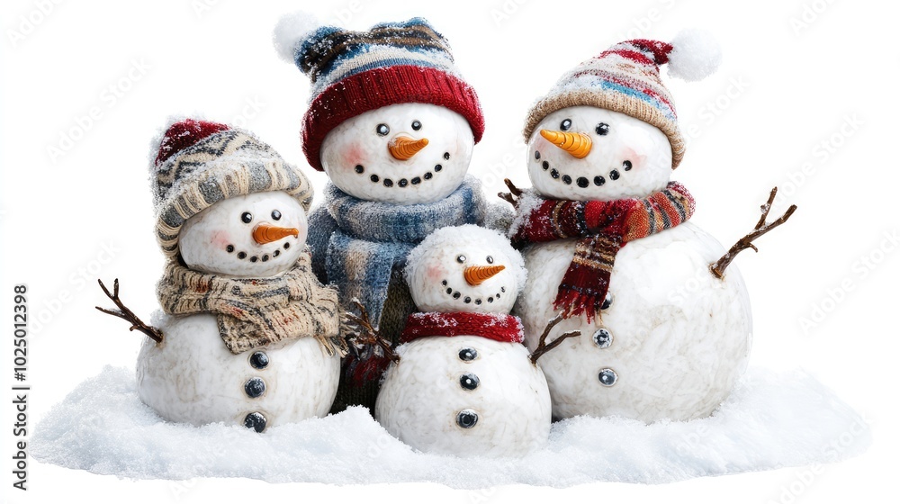 Snowman family in a snowy garden. AI generated illustration. Snowman family in a snowy garden. AI generated illustration.