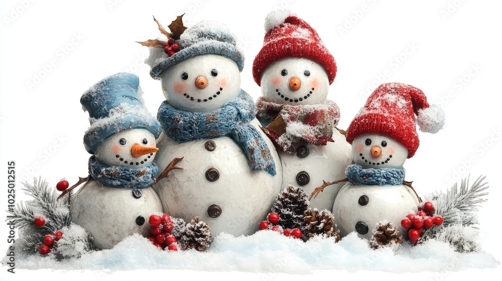 Snowman family in a snowy garden. AI generated illustration. Snowman family in a snowy garden. AI generated illustration.