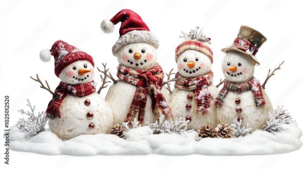 Snowman family in a snowy garden. AI generated illustration. Snowman family in a snowy garden. AI generated illustration.