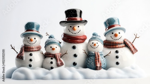 Snowman family in a snowy garden. AI generated illustration.