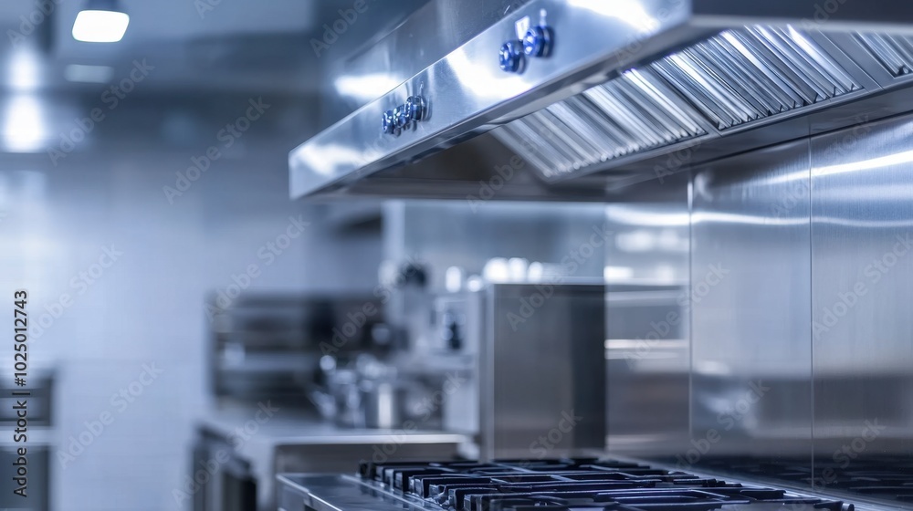 Stainless steel kitchen extractor hood with bright lights, isolated in a clean, professional restaurant setting, showcasing modern kitchen equipment Stainless steel kitchen extractor hood with bright lights, isolated in a clean, professional restaurant setting, showcasing modern kitchen equipment