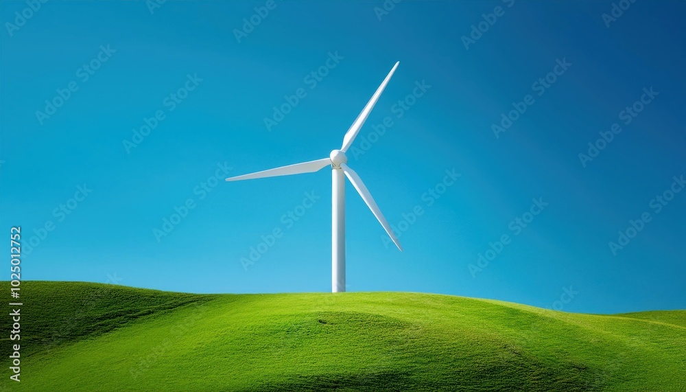Renewable Energy Wind Turbine on Green Hill with Clear Blue Sky. Clean Energy Concept for Sustainable Power Generation and Eco Friendly Solutions Renewable Energy Wind Turbine on Green Hill with Clear Blue Sky. Clean Energy Concept for Sustainable Power Generation and Eco Friendly Solutions