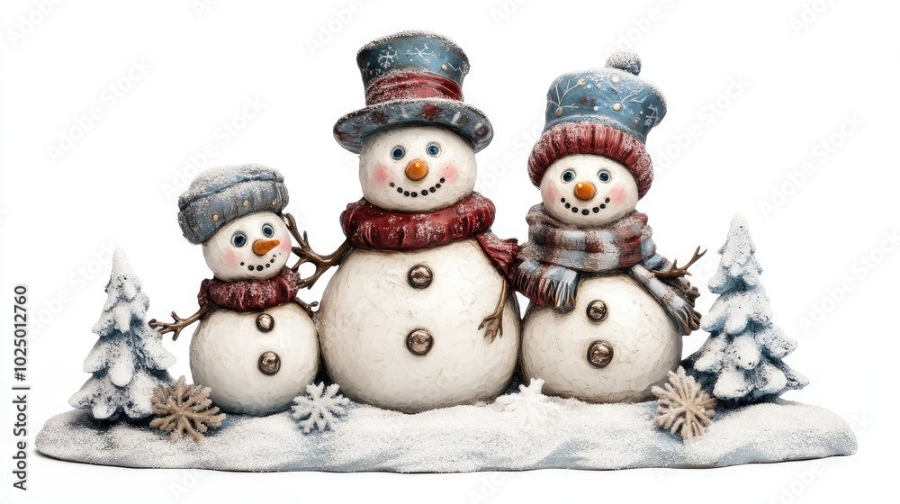 Snowman family in a snowy garden. AI generated illustration. Snowman family in a snowy garden. AI generated illustration.