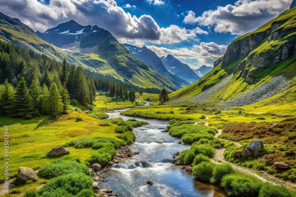 Tranquil mountain valley with stream and tree high angle view Tranquil mountain valley with stream and tree high angle view