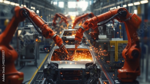 Industrial Robots Welding a Car Body on an Assembly Line