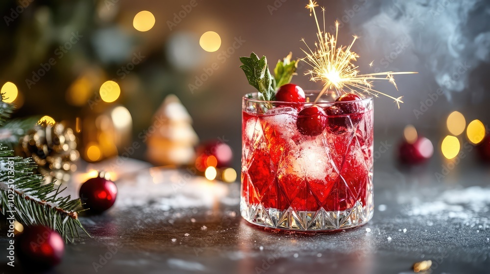 Festive cranberry cocktail with sparkler. AI generated illustration. Festive cranberry cocktail with sparkler. AI generated illustration.