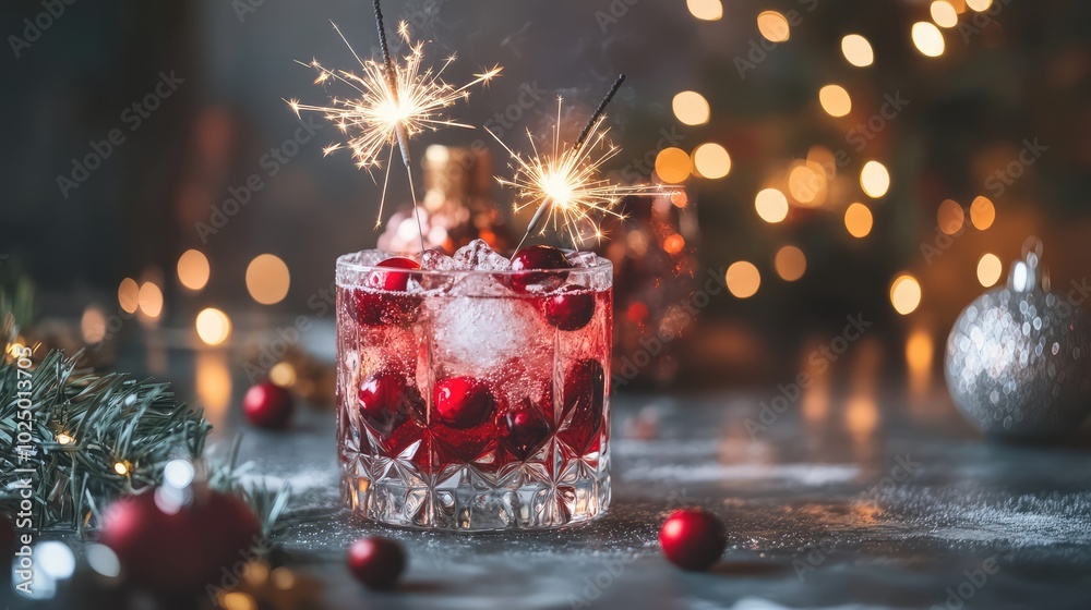 Festive cranberry cocktail with sparkler. AI generated illustration. Festive cranberry cocktail with sparkler. AI generated illustration.