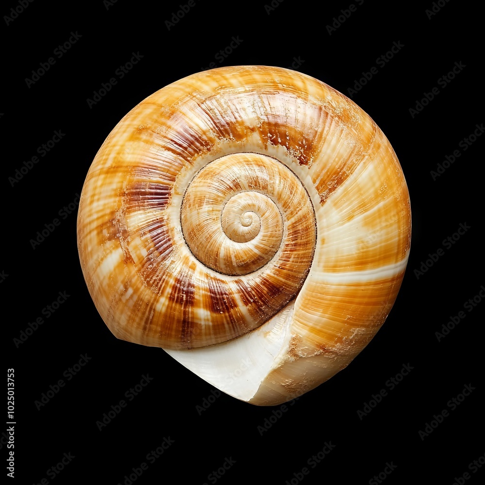 A close-up view of a spiral seashell showcasing its intricate patterns.