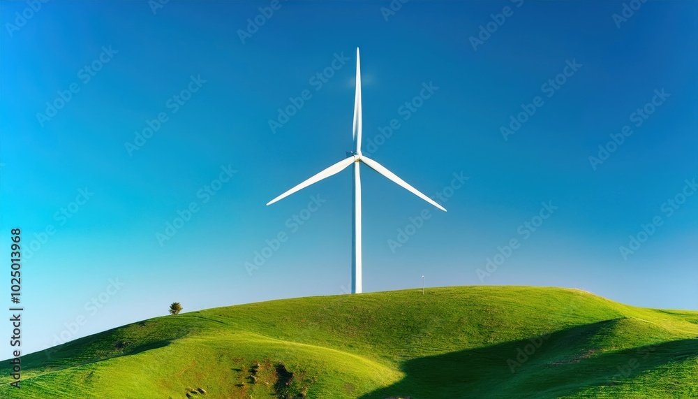 Obraz premium Renewable Energy Wind Turbine on Green Hill with Clear Blue Sky. Clean Energy Concept for Sustainable Power Generation and Eco Friendly Solutions