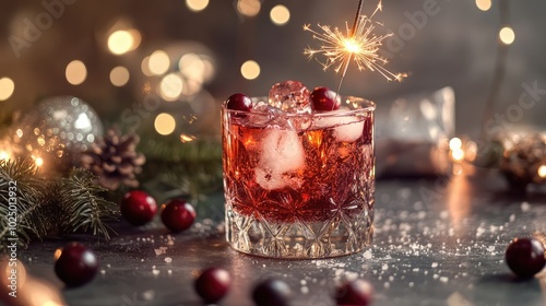 Festive cranberry cocktail with sparkler. AI generated illustration.