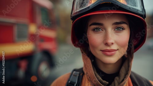 Young female firefighter wearing protective gear, standing with fire truck in the background, confident smile, emergency services, bravery, firefighter portrait, professional career, safety