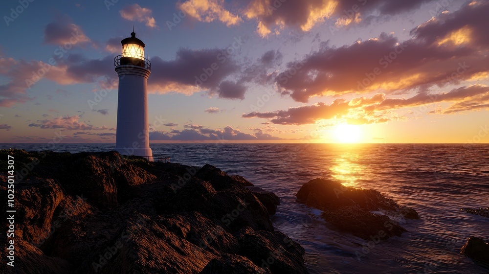 Scenic Lighthouse at Sunset Over Calm Ocean Scenic Lighthouse at Sunset Over Calm Ocean