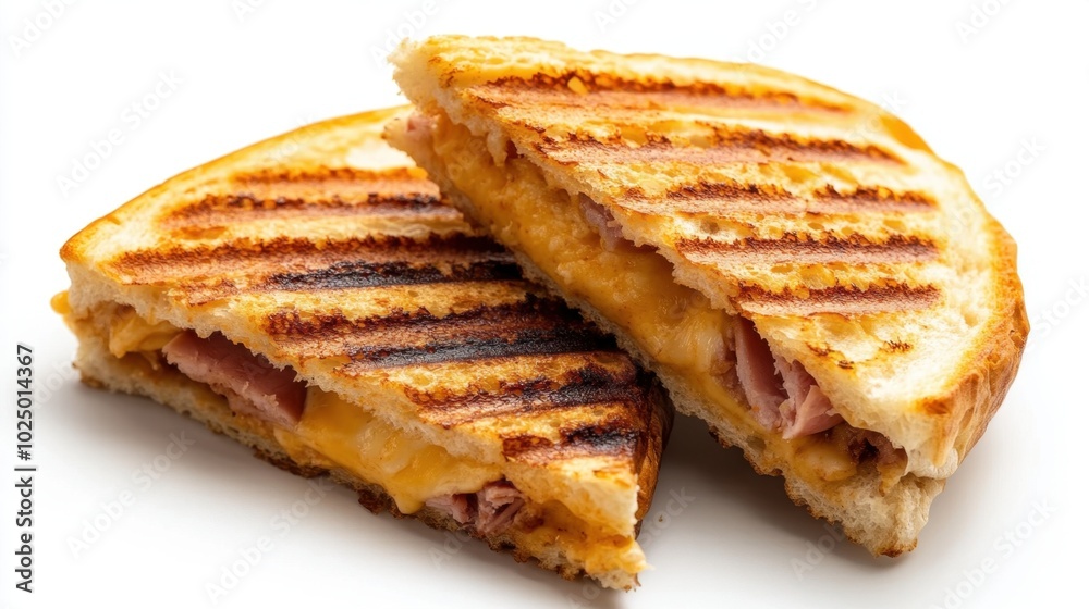 Toasted cheese and ham panini with visible grill marks, cut in half, and displayed on a white background for a savory food shot Toasted cheese and ham panini with visible grill marks, cut in half, and displayed on a white background for a savory food shot