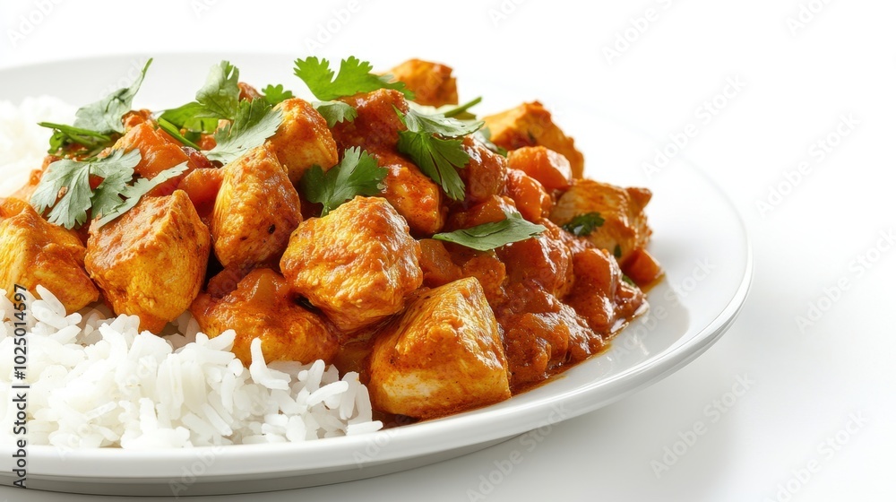 Traditional Indian chicken curry with rice, served on a white plate, isolated on a white background, emphasizing the rich colors and textures Traditional Indian chicken curry with rice, served on a white plate, isolated on a white background, emphasizing the rich colors and textures