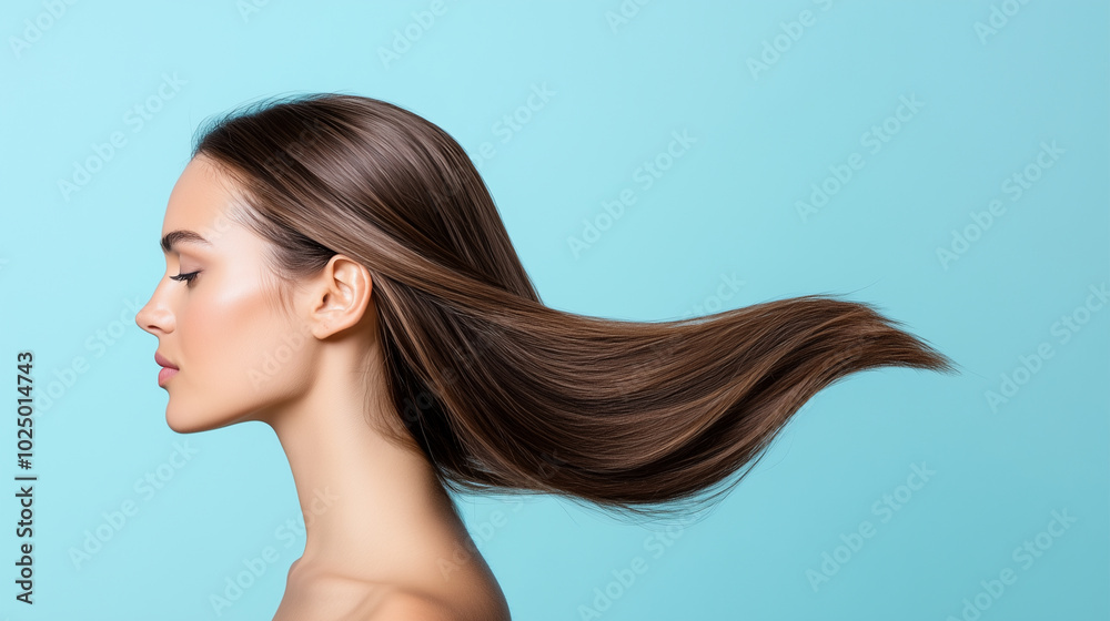Naklejka premium A model with perfectly styled, glossy hair that looks incredibly healthy and luxurious. The lighting emphasizes the shine and smoothness. Hair care concept