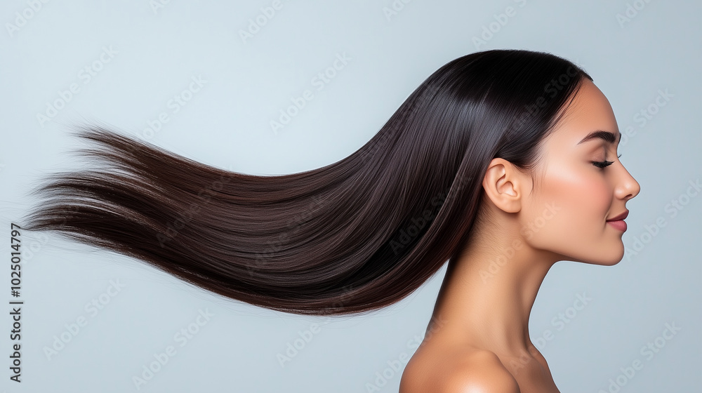 A model with perfectly styled, glossy hair that looks incredibly healthy and luxurious. The lighting emphasizes the shine and smoothness. Hair care concept A model with perfectly styled, glossy hair that looks incredibly healthy and luxurious. The lighting emphasizes the shine and smoothness. Hair care concept
