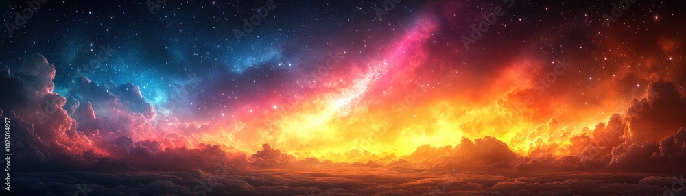 surreal scene of a rainbow vortex in the sky, drawing in clouds, stars, and beams of light, with the landscape below bathed in vibrant hues surreal scene of a rainbow vortex in the sky, drawing in clouds, stars, and beams of light, with the landscape below bathed in vibrant hues
