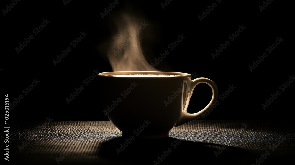 Warm coffee in a white mug with soft steam, placed on a dark tabletop, against a minimalistic black background Warm coffee in a white mug with soft steam, placed on a dark tabletop, against a minimalistic black background