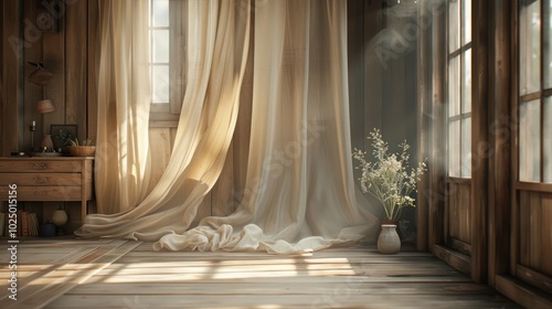 Sunlight streams through sheer curtains in a rustic room, casting warm light on wooden floors and a vase of wildflowers.