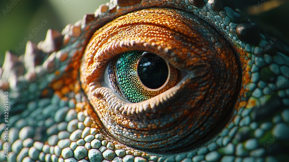 Fototapeta premium A detailed portrayal of a lizard's eye, displaying a striking green and orange iridescence around its outer edge