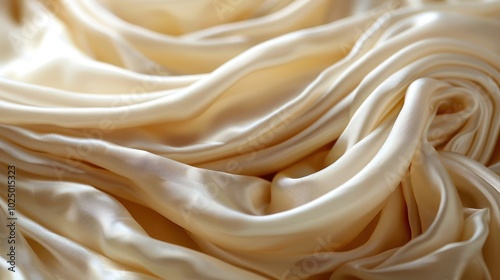 Close-up of smooth, creamy, flowing satin fabric with elegant folds and wrinkles.