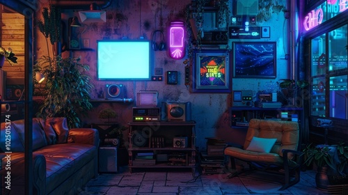 Retro-styled room with neon lights, vintage electronics, and posters, creating a nostalgic and cozy atmosphere.