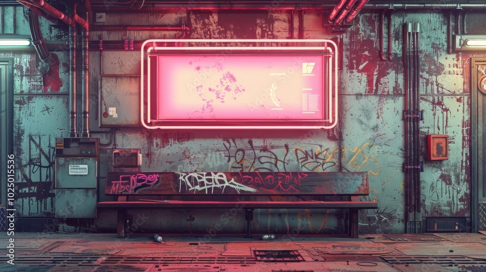 Neon sign in a grungy subway station with graffiti. Neon sign in a grungy subway station with graffiti.