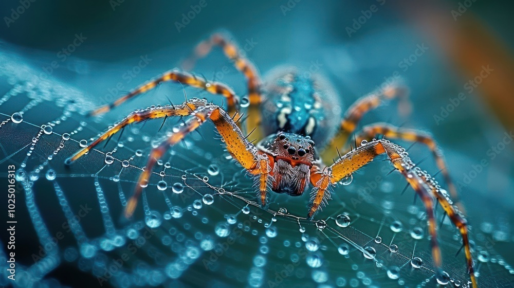 A spider sits on its web, covered in dew drops. A spider sits on its web, covered in dew drops.