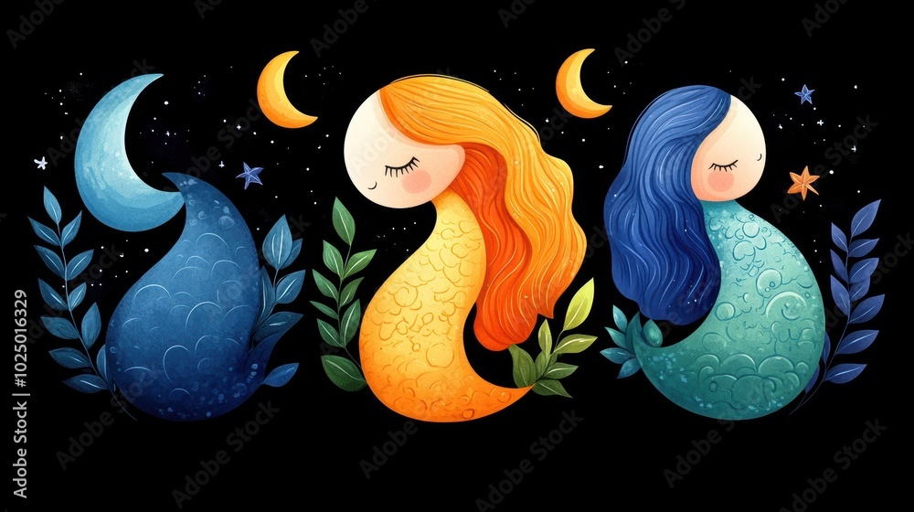 Three whimsical mermaids with flowing hair and crescent moons, surrounded by stars and leaves Three whimsical mermaids with flowing hair and crescent moons, surrounded by stars and leaves