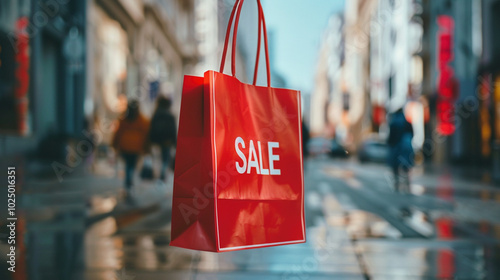 Shopping and sales, business work and black friday present for holiday concept. Red shopping paper bag with white text Sale carried in city street