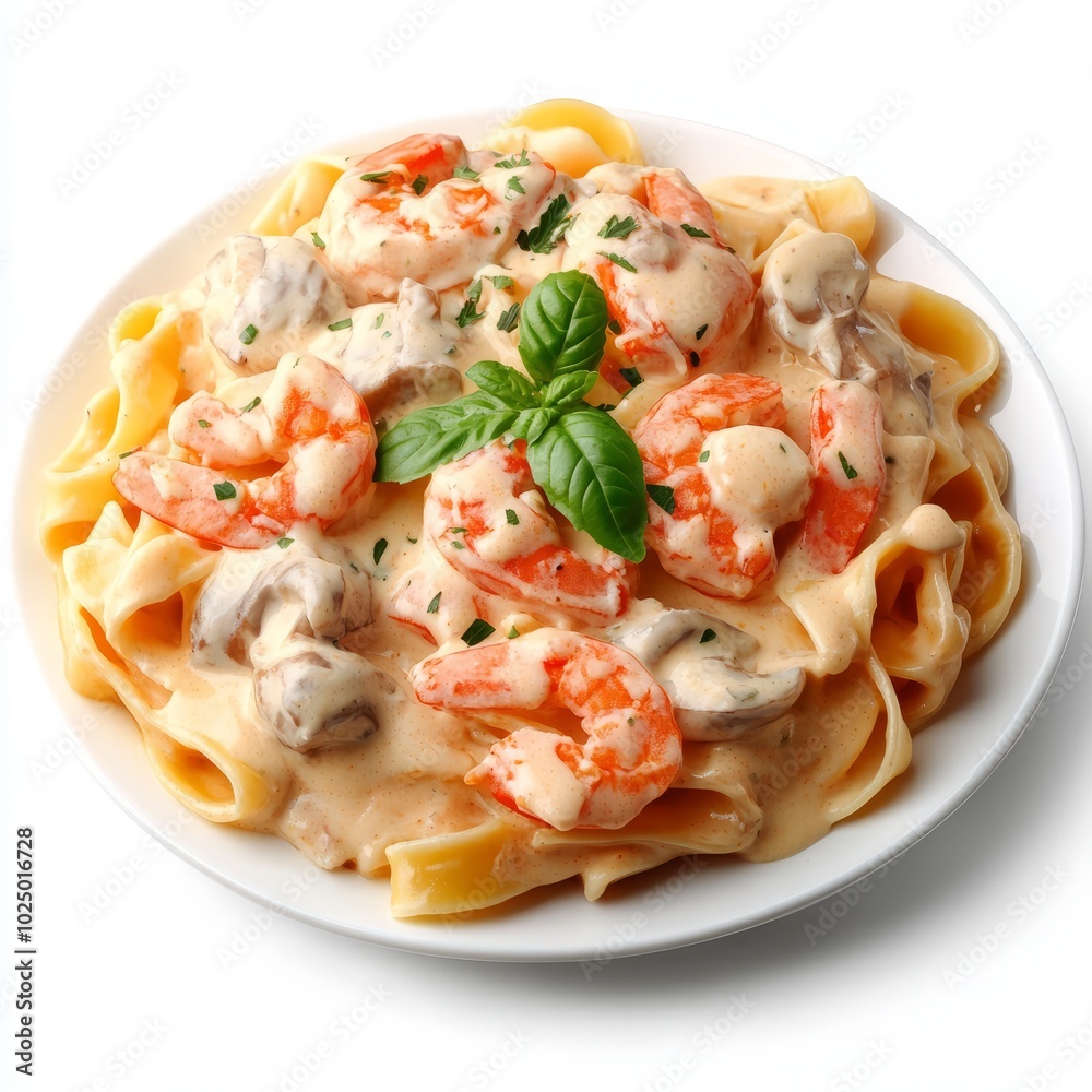 A plate of creamy shrimp pasta garnished with herbs. A plate of creamy shrimp pasta garnished with herbs.