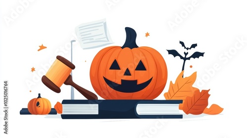A cheerful Halloween illustration featuring a smiling pumpkin, gavel, and autumn leaves on a book