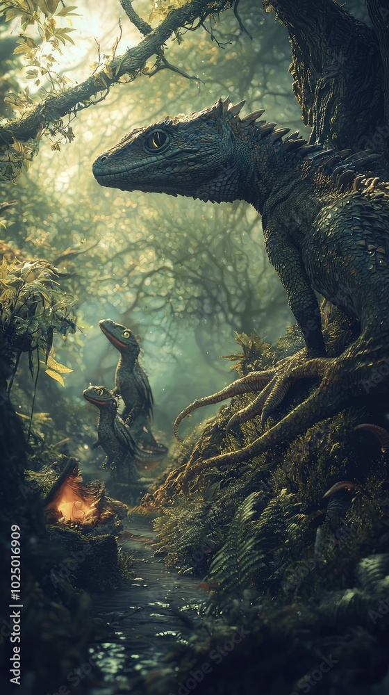 Mystical Reptilian Creatures in Enchanted Forest Scene Mystical Reptilian Creatures in Enchanted Forest Scene