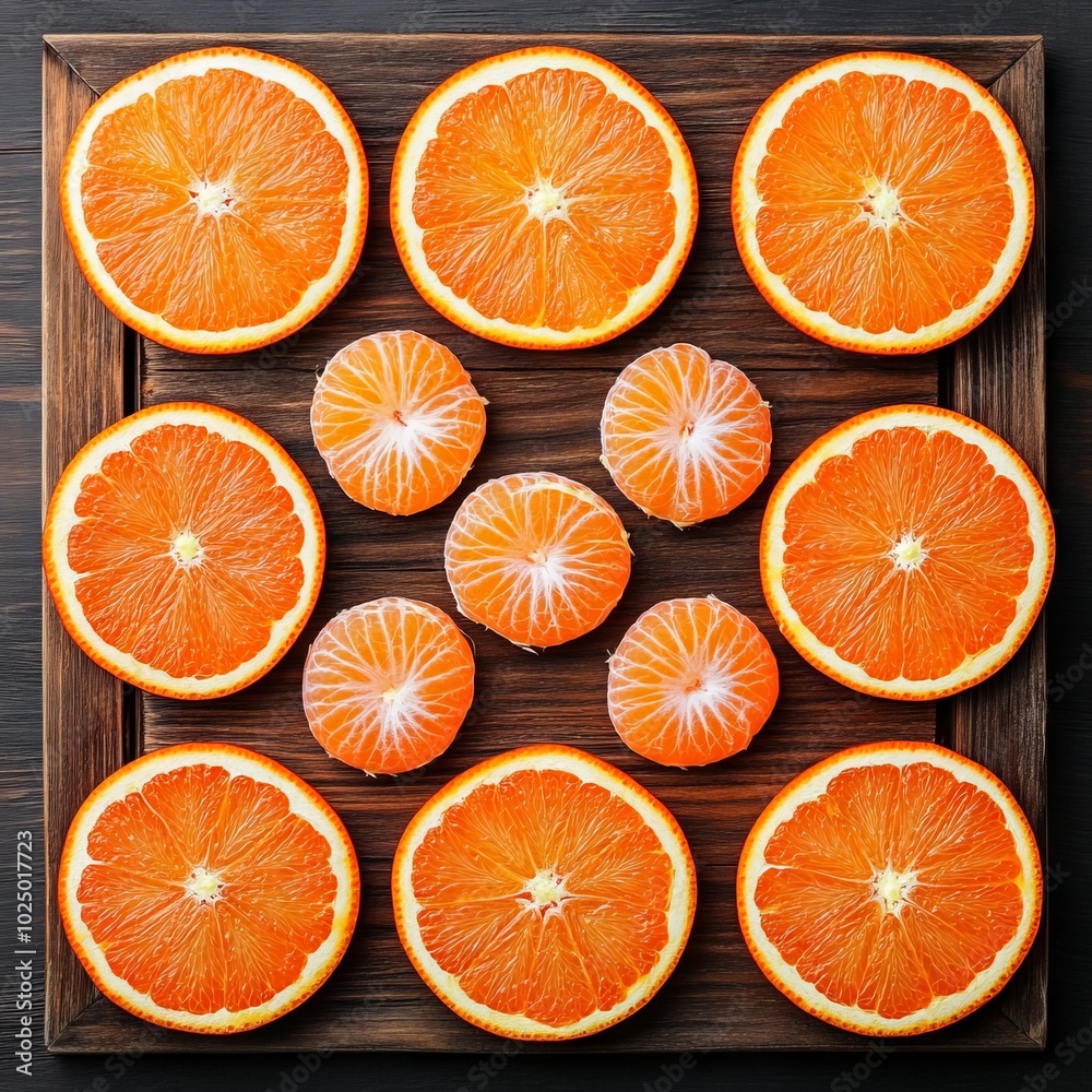 A visually appealing arrangement of orange slices on a wooden tray. A visually appealing arrangement of orange slices on a wooden tray.