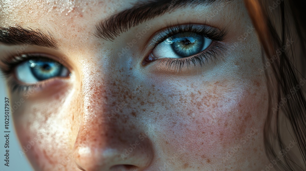 Close-up of a person with striking blue eyes and freckles Close-up of a person with striking blue eyes and freckles