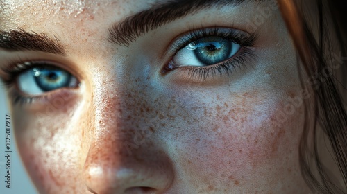 Close-up of a person with striking blue eyes and freckles